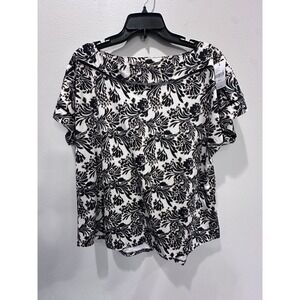 Lane BRYANT Women's Size 14/16 Boho Contemporary Black & Gold Floral Shirt New